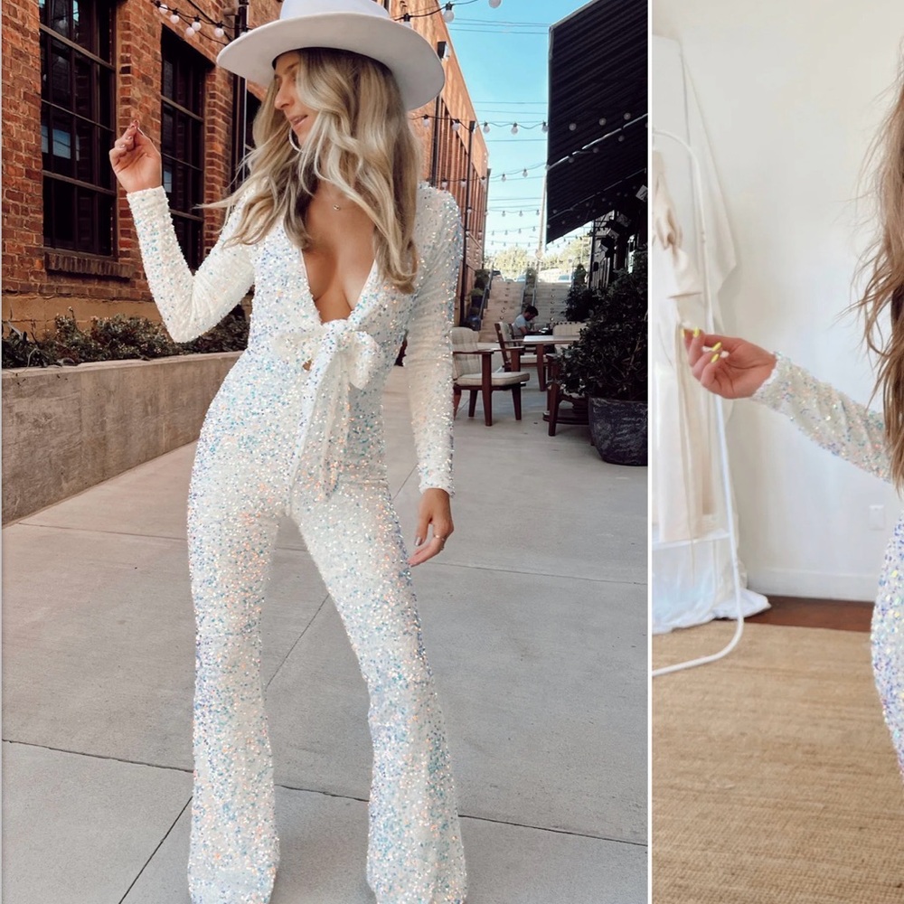 Sequin Tie-Front Long Sleeve Jumpsuit in Iridescent White